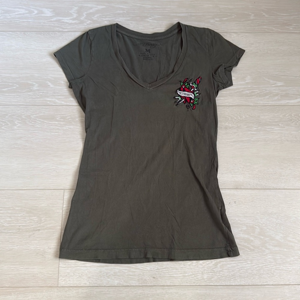 3/$10 Ed Hardy Olive V-Neck Tee with Embroidered Graphic